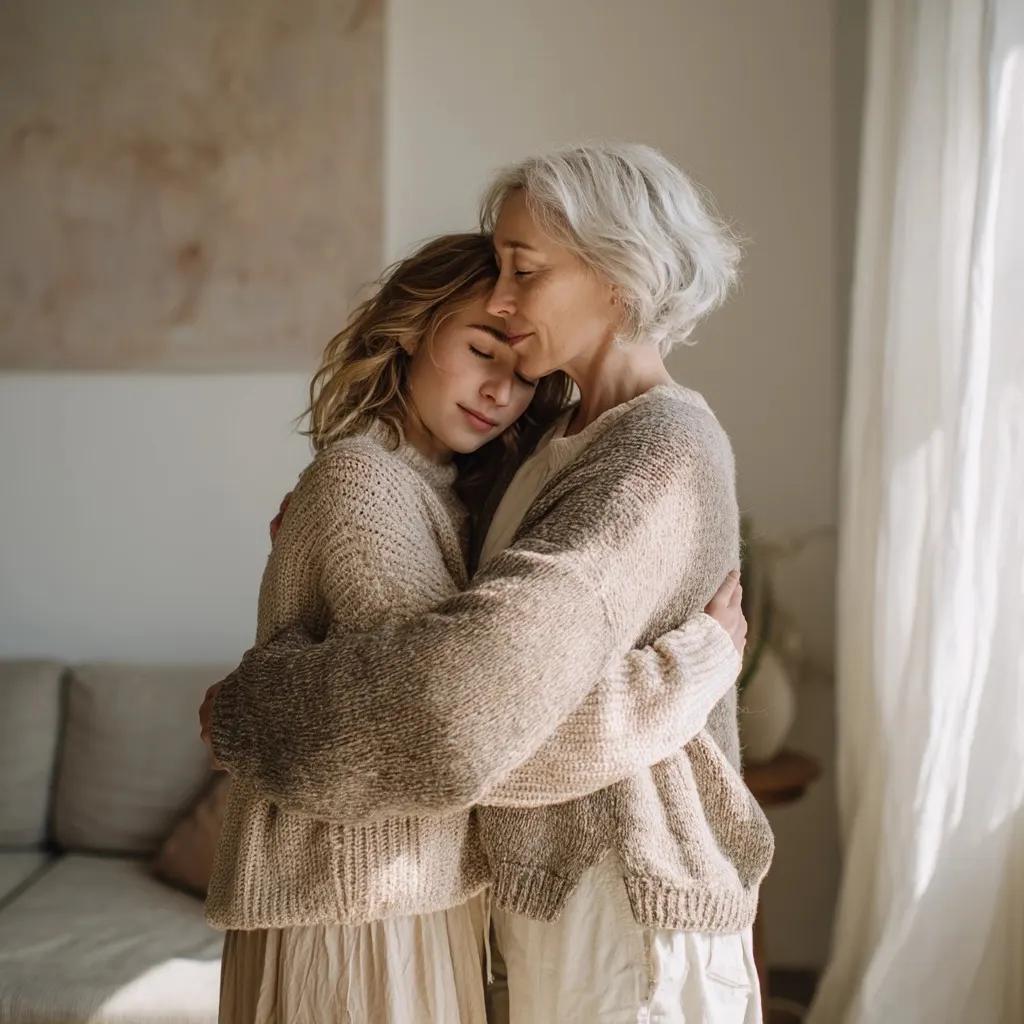 A mother and daughter holding each other close